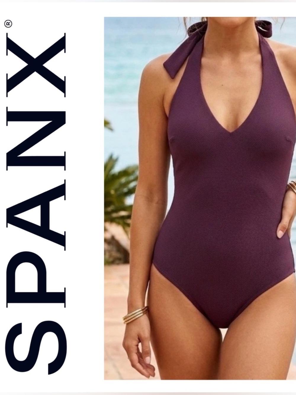 SPANX Burgundy pique shaping Halter One-Piece Swimsuit mulberry XL